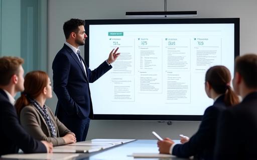 A consultant presenting a strategic plan on a whiteboard.